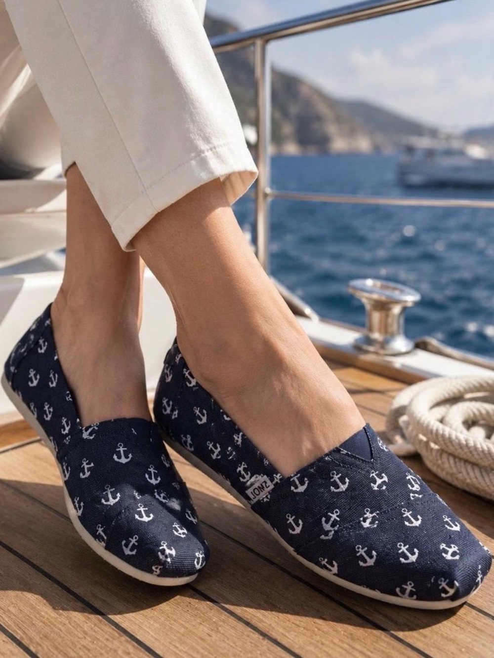 Toms Navy and White Anchor Canvas Slip-On Flats Size 9